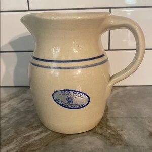 Signed VTG Marshall Pottery tea pitcher folk blue & white cottagecore farmhouse